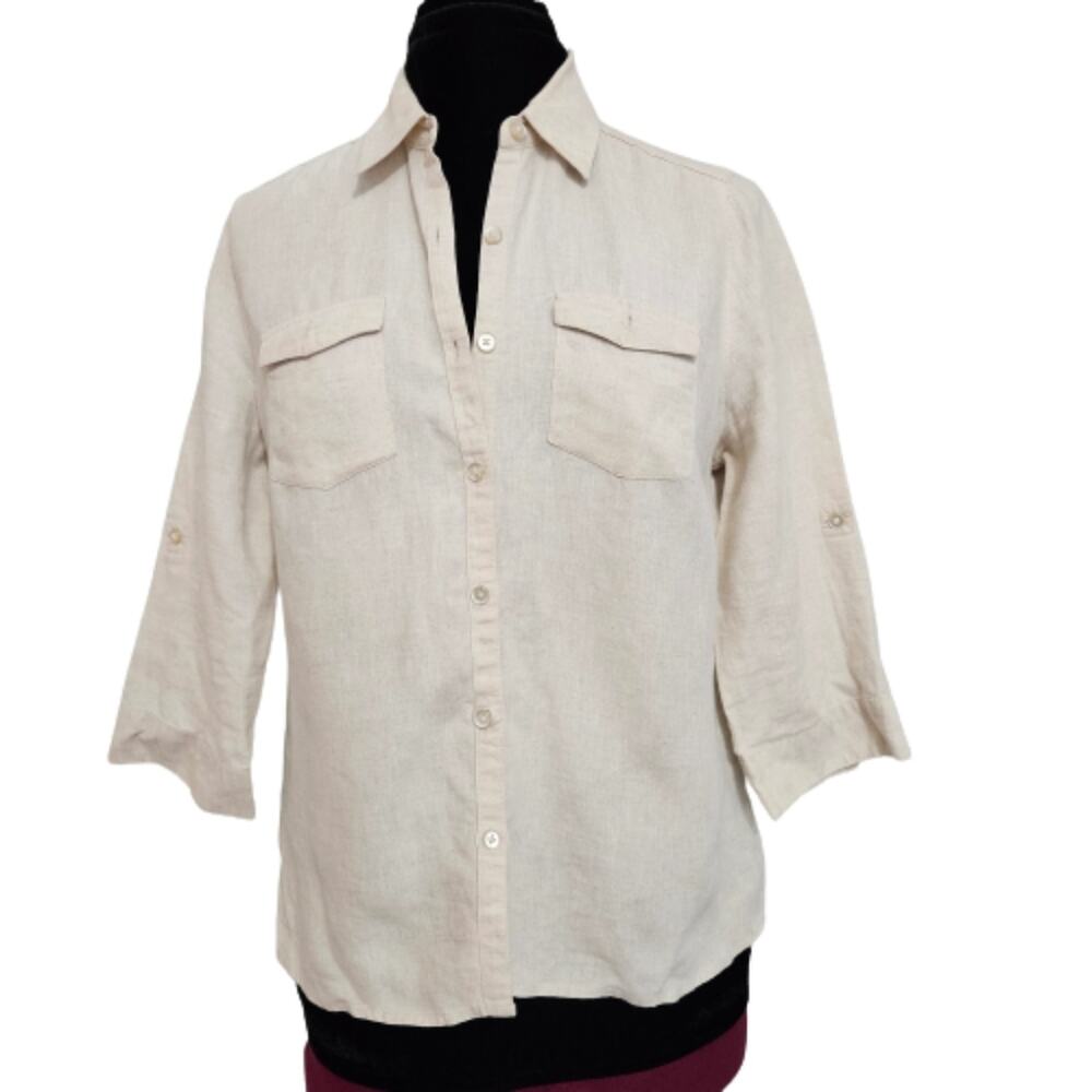 LINEN Button Front 3/4 Roll Tab Sleeves Chest Pocket Neutral Top PM